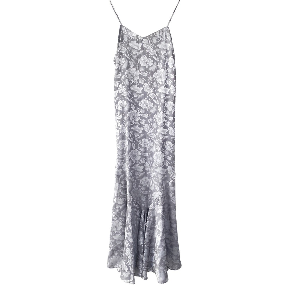 Womens Floral Jacquard Silky Maxi Slip Dress XS Silver Y2K Whimsigoth Fairy Glam